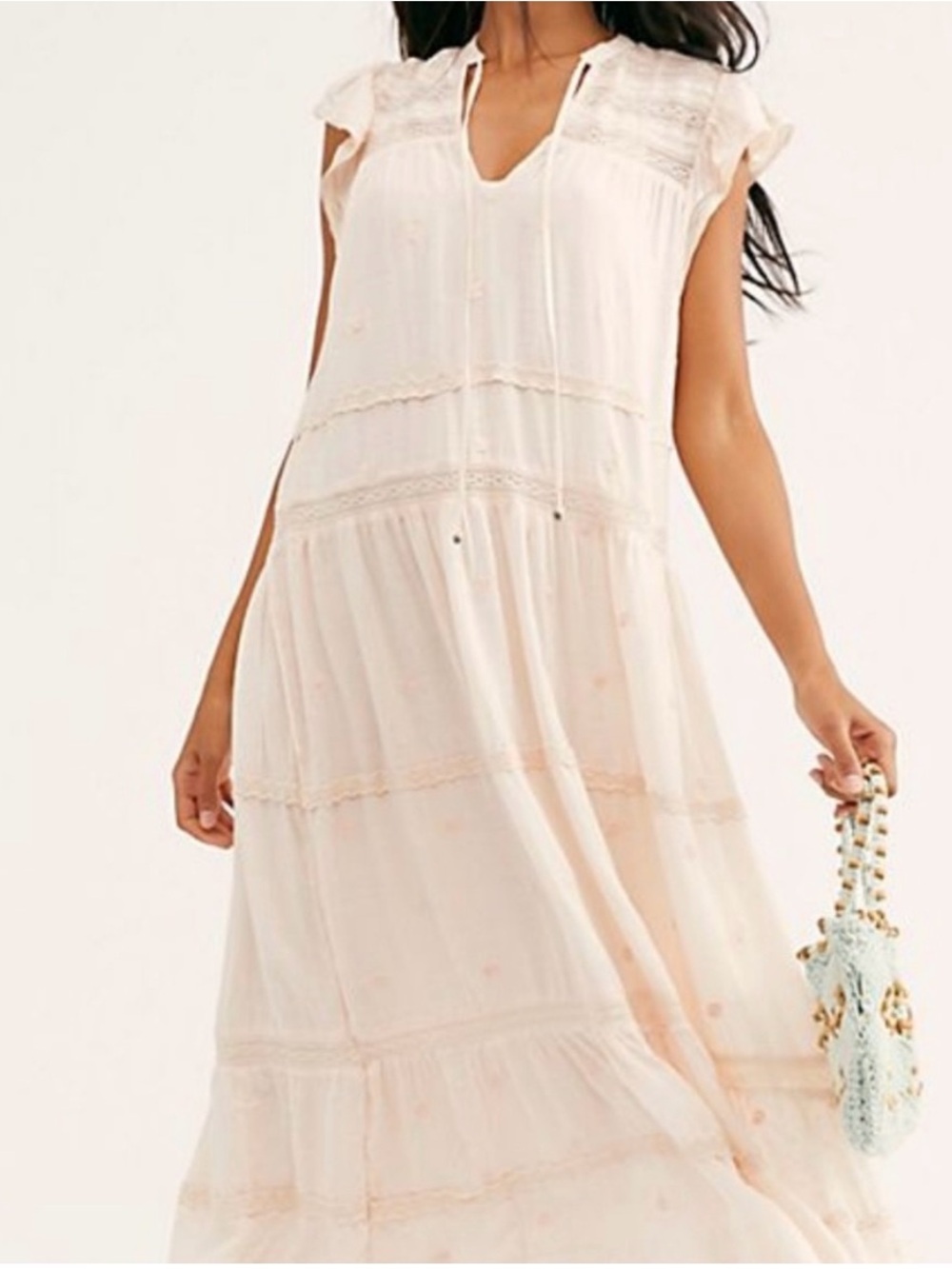 Free People Midnight Midi Sheer Lace Tiered Dress XS Blush Pink Boho Romantic